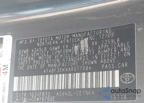 2010 Toyota Camry Le z USA, uszkodzony, nr VIN 4T4BF3EKXAR077084